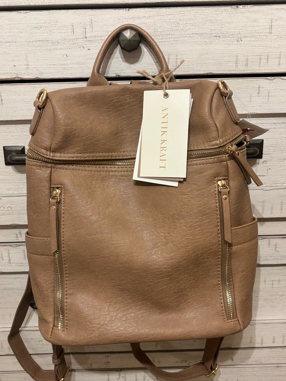Antik Kraft Tan Leather Convertible Backpack with Gold Accents